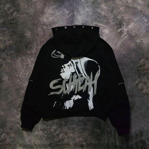 Sudadera con Capucha de Moda Urbana para Hombre, Invierno, Estampado Personalizado, Lavado con Pedrería, Estilo Desgastado, Decoración con Cremallera Lateral, Corte Holgado y Recortado - Product Image 3