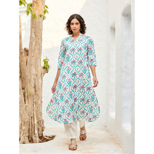 Floral Cotton <b>Kurta</b> <b>for</b> <b>Women</b>-Casual Elegant Midi Length with Puff Sleeves - Product Image 2