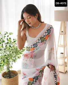 Georgette de Ropa Étnica india con trabajo de diseñador de bordado con trabajo de diseño de estampado floral digital y blusa de seda Banglory pesada - Product Image 2