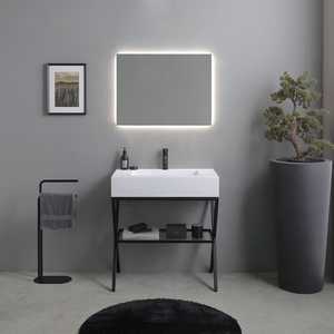 Meuble de salle de bain minimaliste KORICINI 80CM sur pied avec étagère en verre Madeira et support en métal, facile à nettoyer - Product Image 1