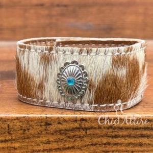 Nouvelle pierre Turquoise et cuir véritable bracelet de manchette en cuir de vachette bijoux occidentaux réglable Snap cheveux sur Hide manchette Bracelet femme - Product Image 1