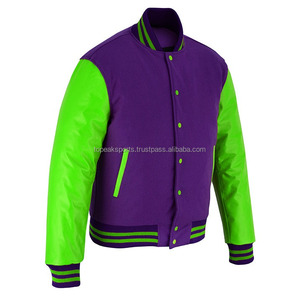 Blouson universitaire OEM 2026 en laine violette de qualité supérieure avec manches en cuir vert pour homme – 100 % haute qualité, faible MOQ, vestes chauffantes tendance - Product Image 5