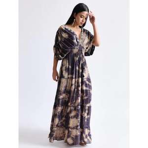 Vestido Maxi Estampado Tie Dye para Mujer con Cuello en V, Cintura Fruncida, Largo y Fluido, Estilo Boho para Vacaciones - Product Image 2