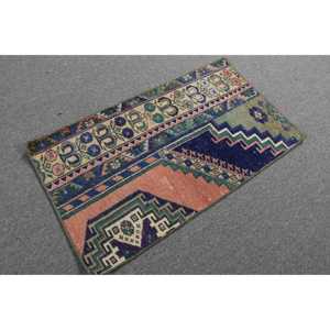 Alfombra Turca Vintage Pequeña de 1.7x3 pies, Alfombra de Lana Sólida Azul y Roja - Product Image 4