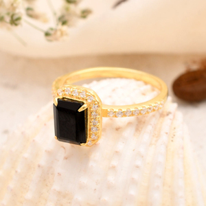 แหวนแต่งงาน925แท้สีเงินสเตอร์ลิง6x8มม. สีดำโอนิกซ์ทรงสี่เหลี่ยมผืนผ้ารัศมี14K สีทองนิรันดร์โรเดียมละเอียดสูง - Product Image 2