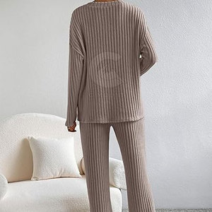 ชุดลำลองผ้าคอตตอนผสมสำหรับผู้หญิง ทรงหลวมใส่สบาย เหมาะสำหรับอยู่บ้านและเดินทาง ผ้าถักนุ่มแบบริบ - Product Image 2