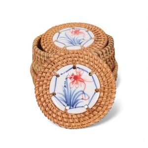 Sustainable Handmade Bohemian Style Natural Rattan Coaster <b>Set</b> with Tray Made From Eco Friendly Material Made Vietnam for Home - Product Image 1
