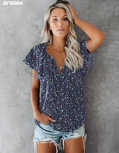 Nuevas blusas bohemias personalizadas para mujer, blusas de verano de manga corta con cuello de pico floral - Product Image 3