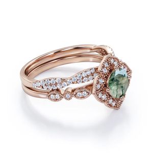 Anillo de Boda para Mujer de Plata de Ley 925 Chapado en Oro de 14k con Ágata Musgosa y Circonita Cúbica, Doble Banda Elegante para Fiestas y Regalos - Product Image 3