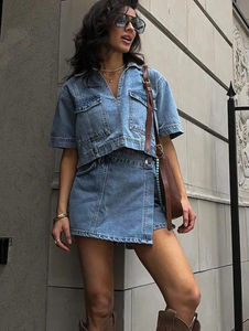 Ensemble deux pièces décontracté pour femme, été, jean, motif uni, haut court, mini-jupe, décoration en cristal, streetwear tendance, manches courtes - Product Image 3