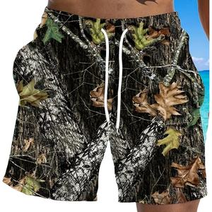 Pantalones Cortos Casuales de Poliéster con Camuflaje de Hojas de Árbol, de Secado Rápido, Cortavientos, con Cintura Acanalada en Contraste, Holgados, con Cordón Ajustable, Transpirables, para Verano y Estilo Urbano - Product Image 1