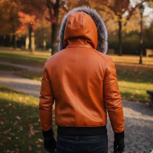 Blouson de moto en cuir pour homme, motif à carreaux, respirant, à capuche, été, couleur orange - Product Image 3