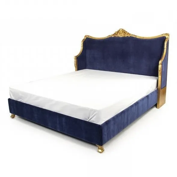 Luxe Bed Met Gesneden Gouden Frame En Donkerblauw Fluwelen Antieke Houten Meubels Handgemaakt Van Jepara Indonesia