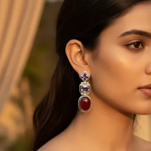 Pendientes Colgantes Religiosos Cristianos de Plata 925 de Moda para Mujer con Amatista, Cornalina y Perla en Engaste de Bisel para Bodas - Product Image 2
