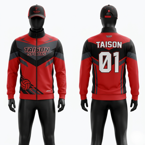 เสื้อแจ็คเก็ตฝึกซ้อมเน็ตบอล โพลีเอสเตอร์อินเตอร์ล็อค พรีเมียม 300 GSM สีแดงดำ ดีไซน์แผงสี  พร้อมสกรีนโลโก้ตามสั่ง - Product Image 1