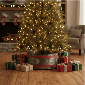 ปลอกคอต้นคริสต์มาสโลหะพร้อมแถบสีแดง ลายเกล็ดหิมะสไตล์บ้านไร่ สำหรับตกแต่งต้นคริสต์มาส ฐานครอบต้นไม้ ทนทาน - Product Image 4