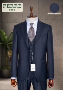 Traje de Negocios para Hombre PERRE, Estilo Británico, Gris Oscuro, Cuello Mao, Doble Botonadura, Antiarrugas, Corte Regular, 100% Poliéster - Product Image 3