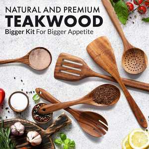 Ensemble de 6 cuillères de cuisson en bois Surface lisse en teck Poignée douce et confortable Ustensiles antiadhésifs pour une cuisson facile en remuant - Product Image 2