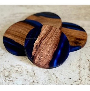 Round Shape Wood and Resin Drink Serving Coasters Tableware Mat & <b>Pads</b> Tea & <b>Coffee</b> Coaster Brown/Green Finished - Product Image 3