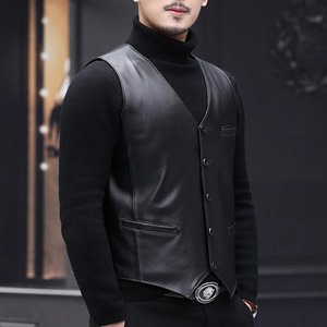 Chaleco Clásico de Piel de Oveja Genuina para Hombre, Cuello en V, Cálido para Invierno, Chalecos Formales sin Mangas para Hombre, Traje Casual - Product Image 4