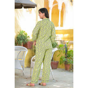 Pijama de Rayón Estampado Floral Verde para Mujer, Ropa de Dormir Cómoda, Cintura Elástica con Cierre de Botones, ODM - Product Image 2