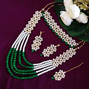 Collar DE BODA indio Floral Faux Pearl Beaded Gargantilla de cristal multicapa larga Joyería india de boda para mujeres, Verde - Product Image 2