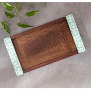 Plateau de service en bois d'acacia avec incrustations de style arabe, cadeau de Ramadan et de l'Aïd, avec poignée, plateau de service pour le thé, le café, les collations - Product Image 1