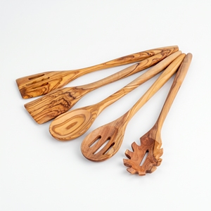 Juego de 5 utensilios de cocina clásicos de madera de olivo, cuchara de mango largo, espátula, herramientas de cocina hechas a mano, aptas para alimentos, para cocinar y servir - Product Image 1