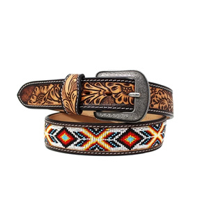 Nouvelle ceinture occidentale de qualité supérieure fabriquée en cuir de vache pleine fleur importé d'Argentine, décorée d'un motif aztèque perlé - Product Image 3