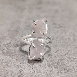 Joyería de piedra en bruto de exportación, anillo de mujer, piedra preciosa Natural cruda de cuarzo rosa, piedra natal de abril, piedra doble, anillo de Plata de Ley 925 - Product Image 1