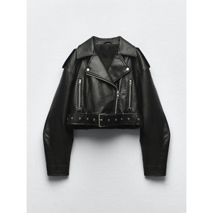 Custom High Quality Eco-Friendly Synthetic Leather Beaded Jacket Women Retro Moto Biker Coat Vintage Loose Fit Cropped Design - Product Image 1