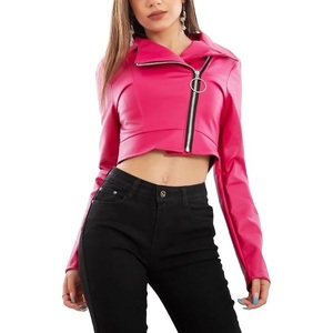Chaquetas de mujer Faux Leather Nail Zip Short Sexy Halterneck Jacket Mujer Faux Leather Cropped Moto Biker Chaqueta de manga larga - Product Image 1