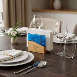 Porte-mouchoirs décoratif, porte-vaisselle pour fête de mariage, finition en résine bleue, boîte à mouchoirs en bois unique, artisanat en résine - Product Image 1