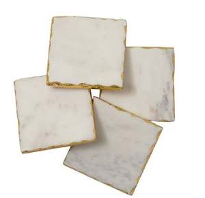 Set of 4 White <b>Marble</b> <b>Coasters</b> Artisan Craft with Gold Foiling Square Design Mats & Pads - Product Image 1