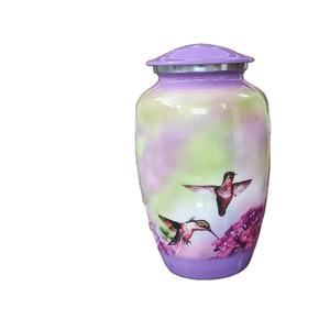 Urne funéraire moderne artisanale en émail motif colibri – Urne commémorative indienne en aluminium – Vente en gros usine - Product Image 1