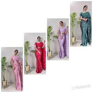 Soie Chinon de qualité supérieure ornée de broderies multicolores lourdes et de belles paillettes de travail (prêtes à porter) beau sari - Product Image 5