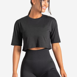 เสื้อครอปแขนสั้นของผู้หญิงทำจากโรงงานสีดำพิมพ์ลายเป็นมิตรต่อสิ่งแวดล้อมเสื้อผ้าฤดูร้อน - Product Image 1