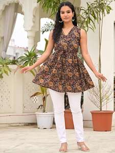 Camiseta sin Mangas con Cuello en V para Mujer, Tejida en Algodón Ecológico, Estampado Paisley Negro y Marrón, Largo a la Cadera, Estilo Casual de Verano - Product Image 2