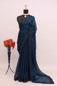 Saree voan đẹp với chuỗi thêu làm việc với đường viền công việc cắt, Saree mặc đám cưới, Saree mặc bên nhà thiết kế. - Product Image 2