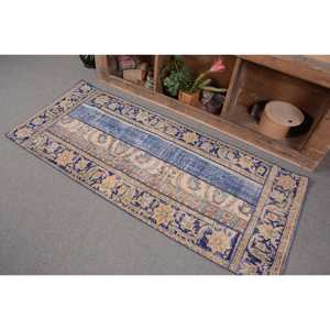 Blue Beige Vintage Turkish Wool <b>Rug</b> 26 X 62ft Handmade Boho Patchwork Design for <b>Bedroom</b> Rectangular Hallway Latex for Bedside - Product Image 3