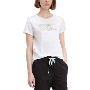 T-shirt Levi's da donna bianca con paillettes e grafica, taglia XS, in jersey traspirante, stile streetwear, lunghezza corta per l'estate - Product Image 1
