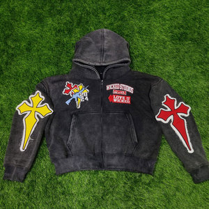 2024 nouveauté hommes lavage à l'acide sweat à capuche zippé 400Gsm poids lourd épais coupe en détresse coudre Vintage sweats à capuche pour l'hiver - Product Image 1