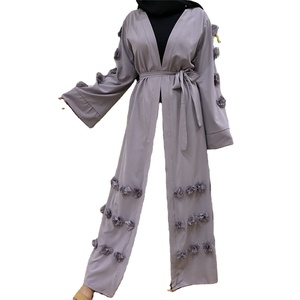 2023 dubaï musulman femmes lin Abaya Satin doublé Ramadan Eid Caftan avec imprimé Hijab robe ouvert devant caftan Islam vêtements - Product Image 1
