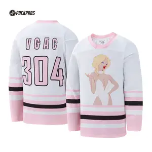 Maglia rosa Hockey a strisce placcaggio saia Logo della squadra Hockey maglia ricamo personalizzato uniforme per Hockey su ghiaccio