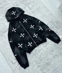 Sweat à capuche pour homme, style streetwear, coupe ample et carrée, en maille épaisse, délavé à l'acide, effet vieilli, avec fermeture éclair, orné de strass et de diamants, style vintage, pour l'été - Product Image 2