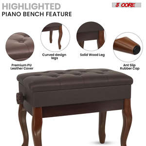 5 Core Piano Bench 3 Padded Cushioned <b>Stool</b> Wooden Heavy Duty Adjustable Musician Chair w Storage - Product Image 4