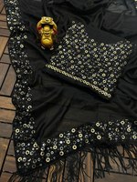 Sari en soie noir Rangoli de créateur pakistanais avec bordure en dentelle et chemisier lourd pour mariages et festivals