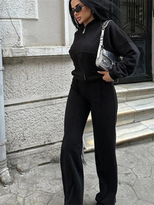 "Survêtement 2 pièces pour femmes à la mode | Sweat-shirt Veste zippée + Pantalon coupe droite Crop Top Survêtement - Product Image 3