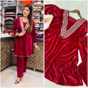 Plain & Classy Look V Neck Color rojo AFGHAN Special Dubai Party Wear Mujeres Casual Pakistani Vestidos Listo para comprar - Product Image 3