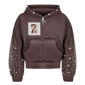 Sudadera con capucha y cremallera de lana gruesa de lujo 400 GSM, ropa de invierno marrón, paneles de manga detallados, sudaderas con capucha básicas con logotipo bordado personalizado de perlas - Product Image 1